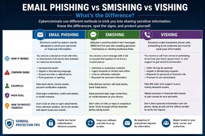 email phishing vs smishing vs vishing
